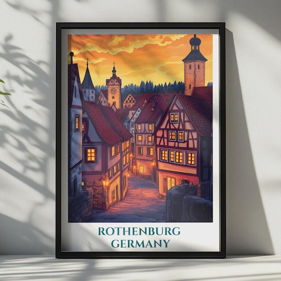 Rothenburg Germany Travel Poster Medieval Town Sunset Golden Sky Wall