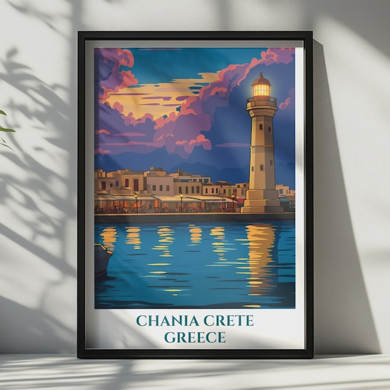 Chania Crete Travel Poster Greece Lighthouse Harbour Wall Art Print