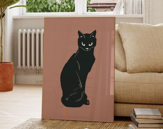 Minimalist Black Cat Silhouette Dusty Pink Modern Animal Art Poster