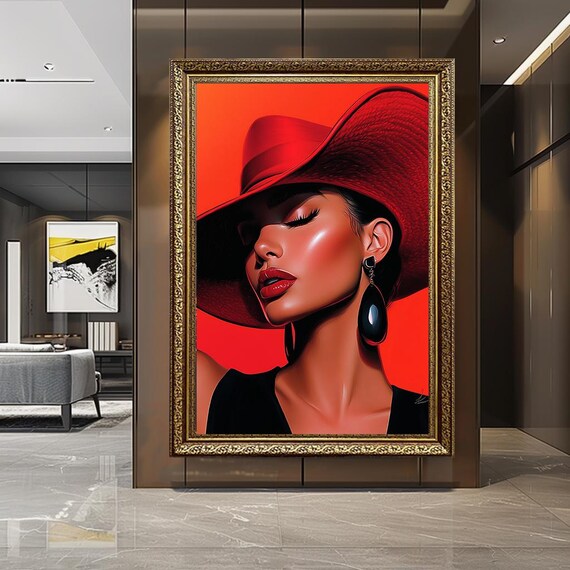 Red Hat Glam Woman Canvas Print Modern Fashion Portrait Wall Art