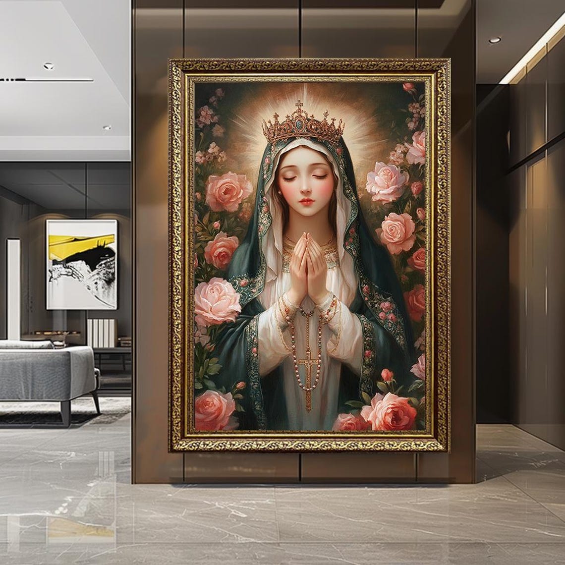 Crowned Virgin Mary Praying Among Pink Roses Catholic Floral Poster