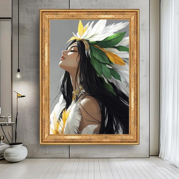 Tribal Woman Canvas Art Boho Feather Headdress Portrait Ethnic Female Wall Decor Elegant Spiritual Painting For Modern Interiors