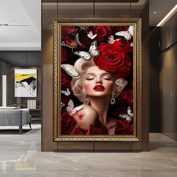 Hollywood Glam Woman Portrait Red Roses Butterflies Canvas Wall Art