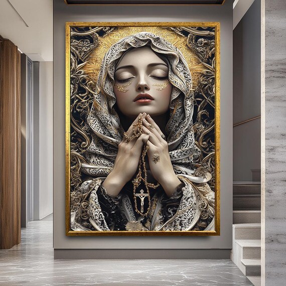 Praying Virgin Mary Lace Veil Gold Rosary Crucifix Catholic Poster