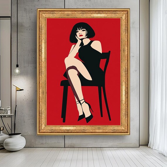 Red Pop Art Woman In Black Dress Seated Bold Retro Style Poster