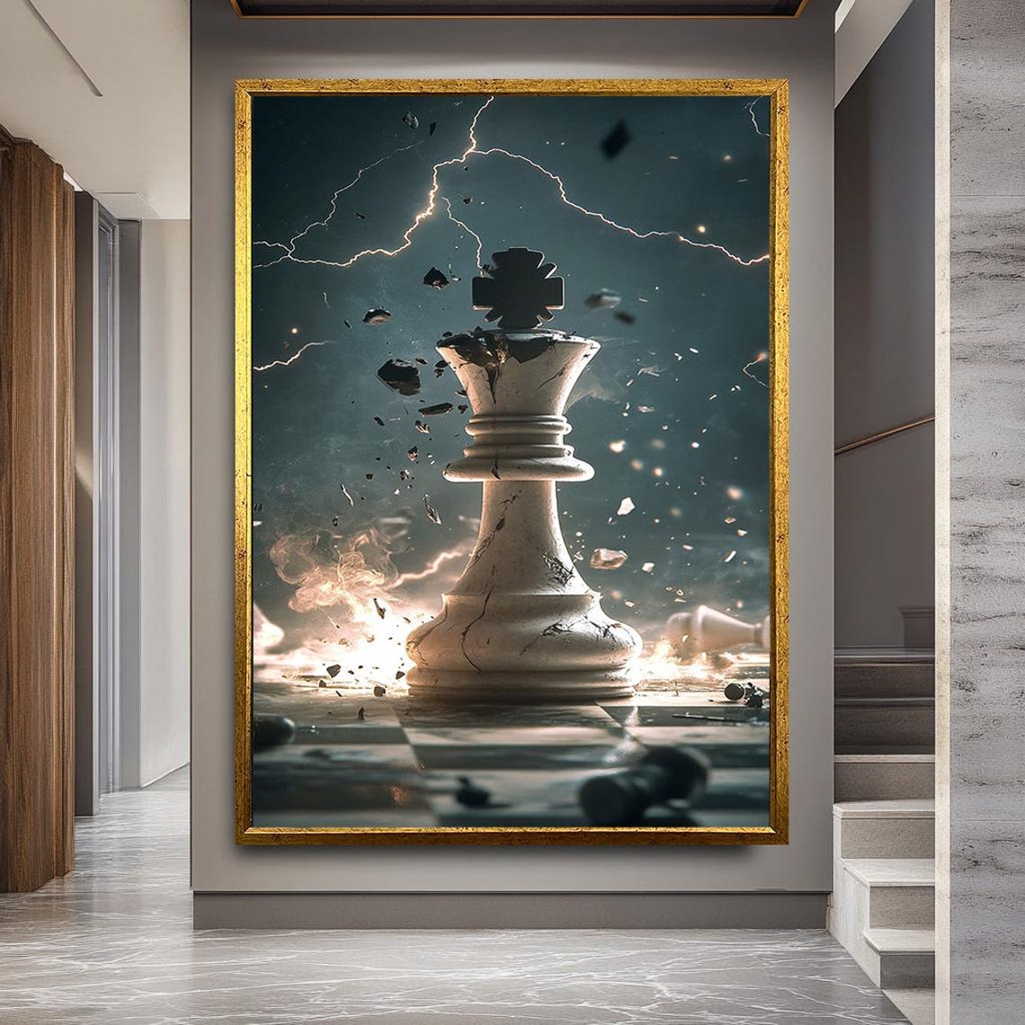 Exploding Chess King Piece Lightning Storm Dramatic Power Art Poster