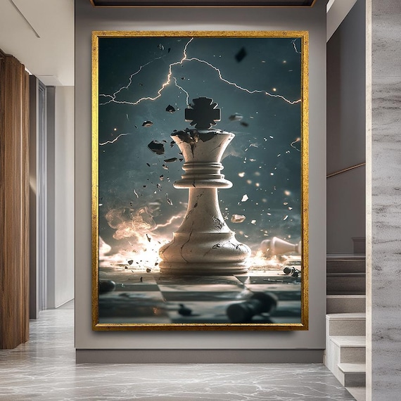 Exploding Chess King Piece Lightning Storm Dramatic Power Art Poster