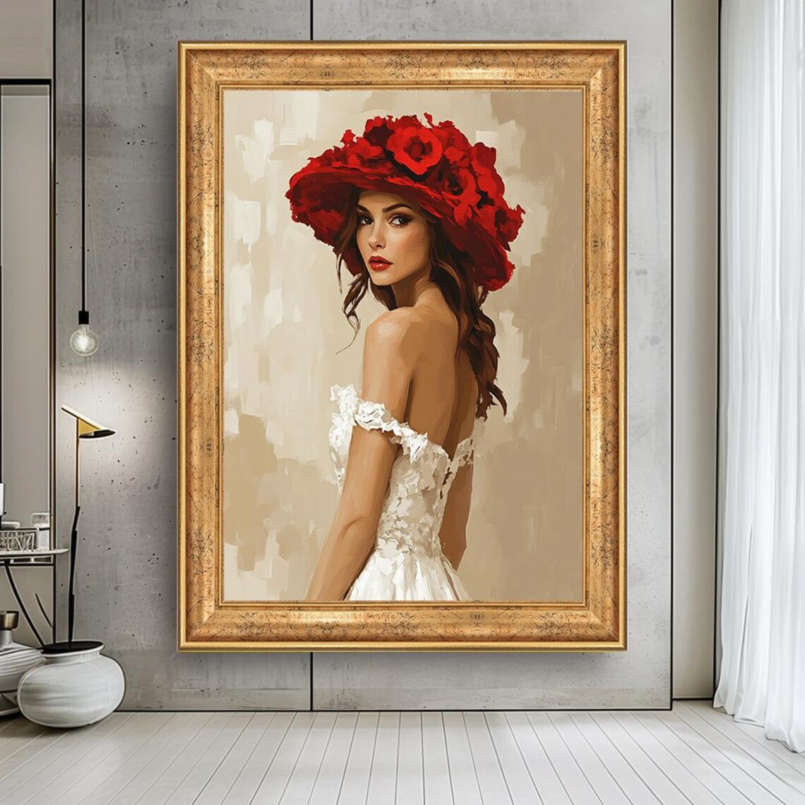 Elegant Woman in Red Floral Hat Romantic Portrait Art Poster
