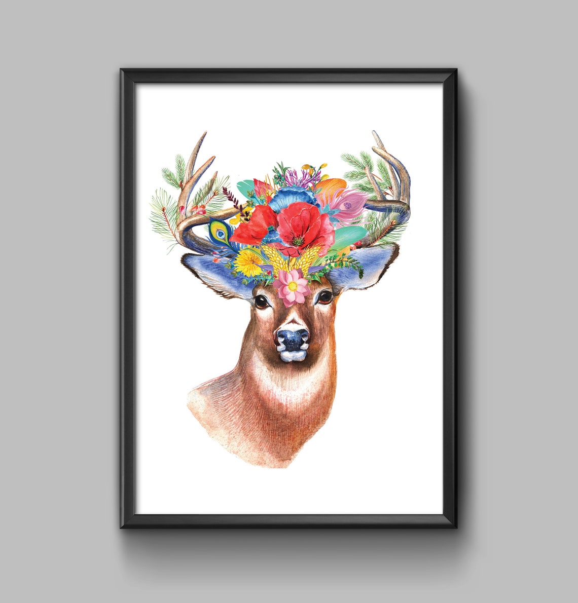 Deer Floral Crown Watercolor Woodland Animal Botanical Wall Print - Image 2