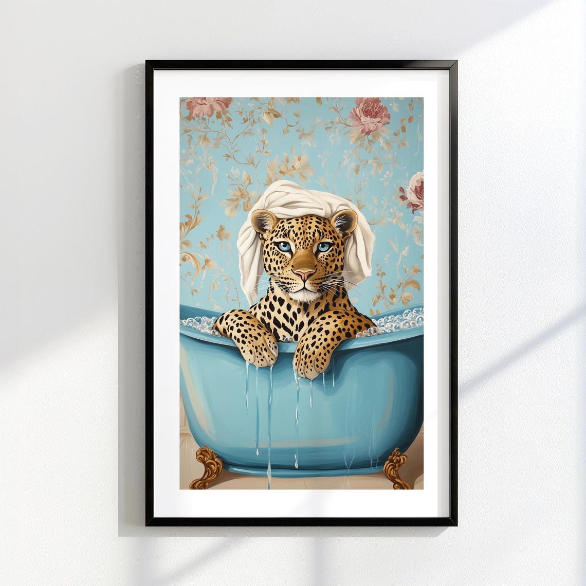 Leopard With Towel on Head Bathing in Blue Clawfoot Tub Funny Poster - Image 7