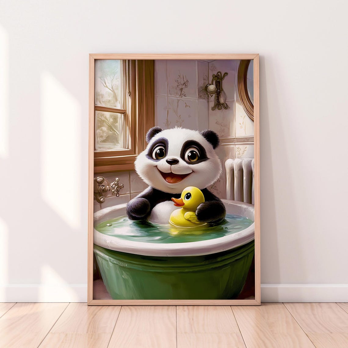 Panda Cub With Yellow Rubber Duck in Green Bathtub Nursery Poster