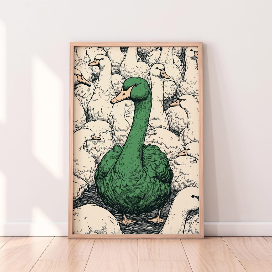 Green Duck Standing Out From The Crowd Quirky Bird Illustration Poster