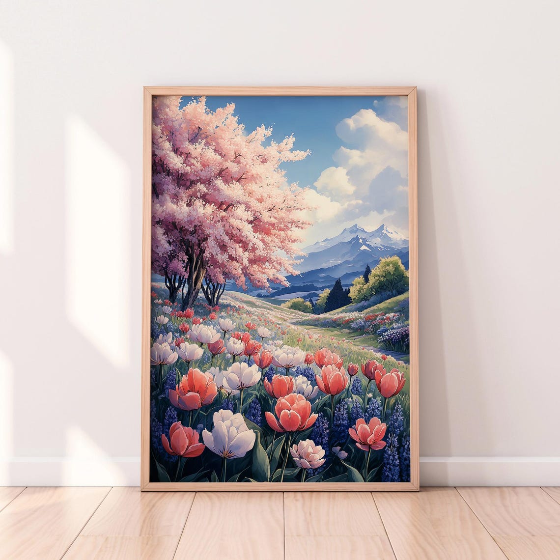 Cherry Blossom Tree And Tulip Field Spring Mountain Landscape Poster