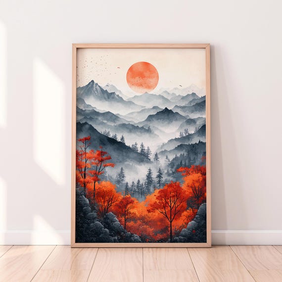 Japanese Mountain Landscape, Red Sun Art Print