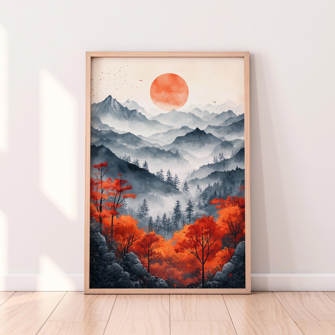 Japanese Mountain Landscape, Red Sun Art Print
