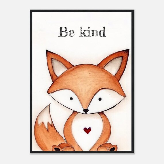 Be Kind Cute Fox With Red Heart Nursery Kids Room Art Poster