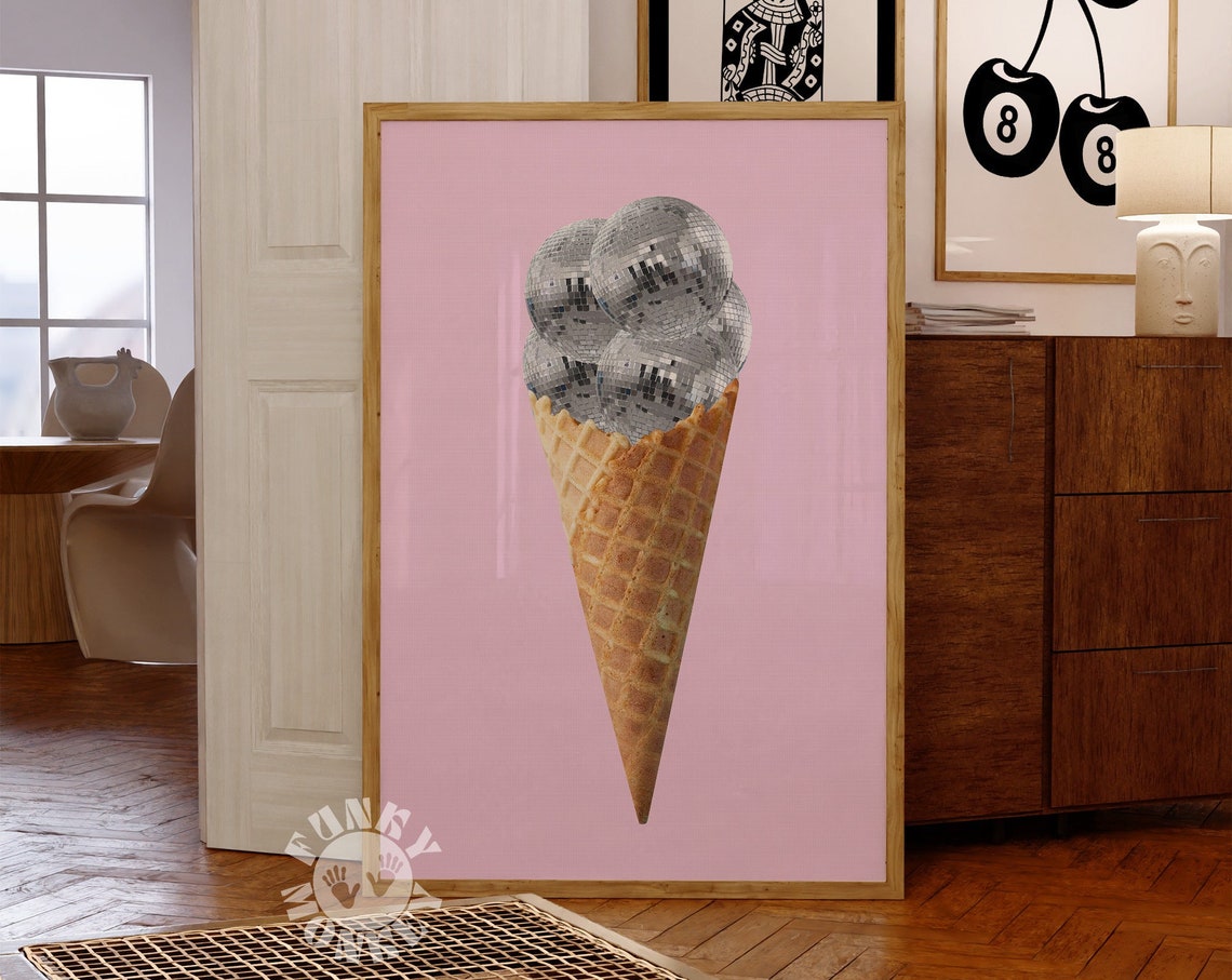 Disco Ball Ice Cream Scoops Pink Cone Fun Trendy Dessert Poster