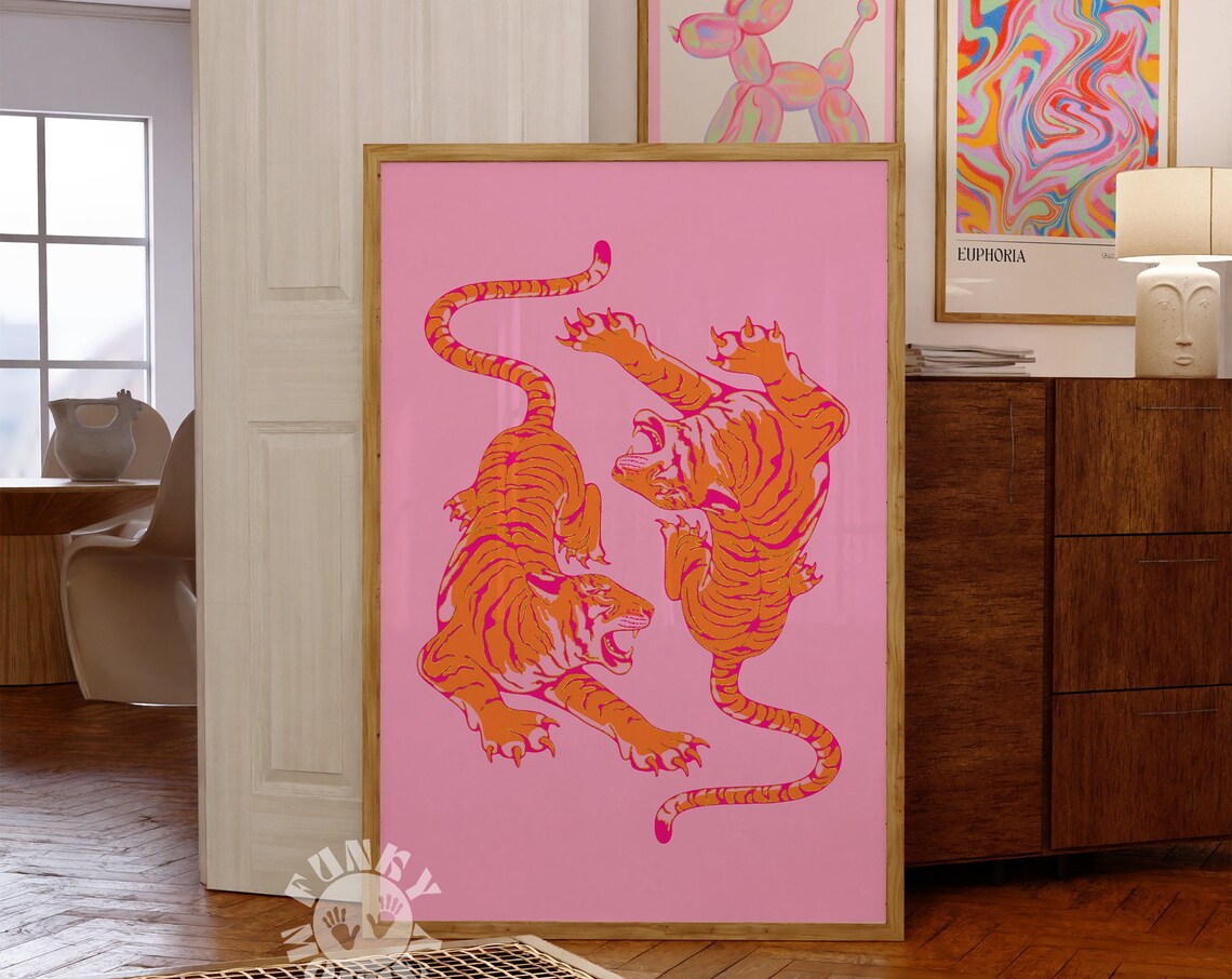 Retro Tigers Art Print, Preppy Maximalist Decor