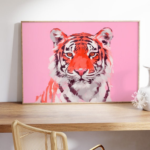 Bold Coral Tiger Portrait Pink Background Maximalist Art Poster