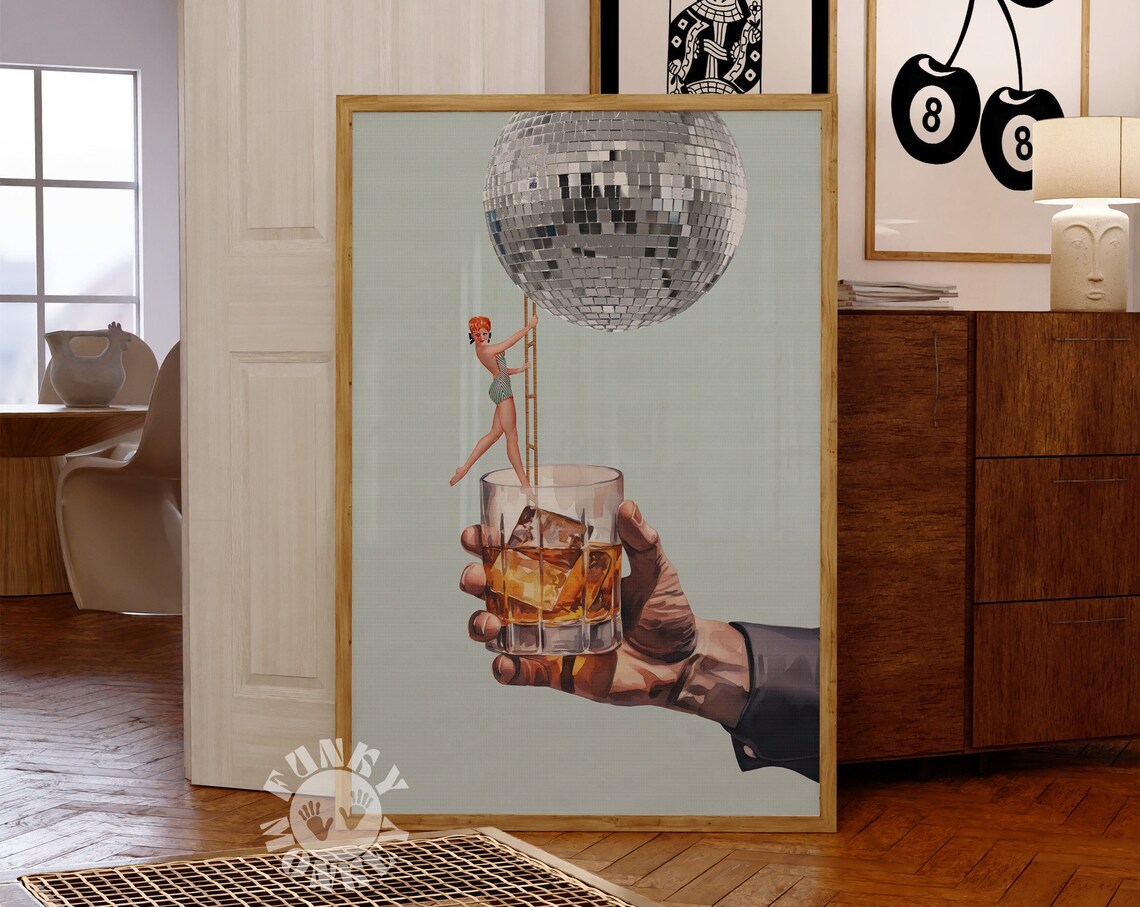 Retro Bar Cart Disco Whiskey Collage Poster - Image 3