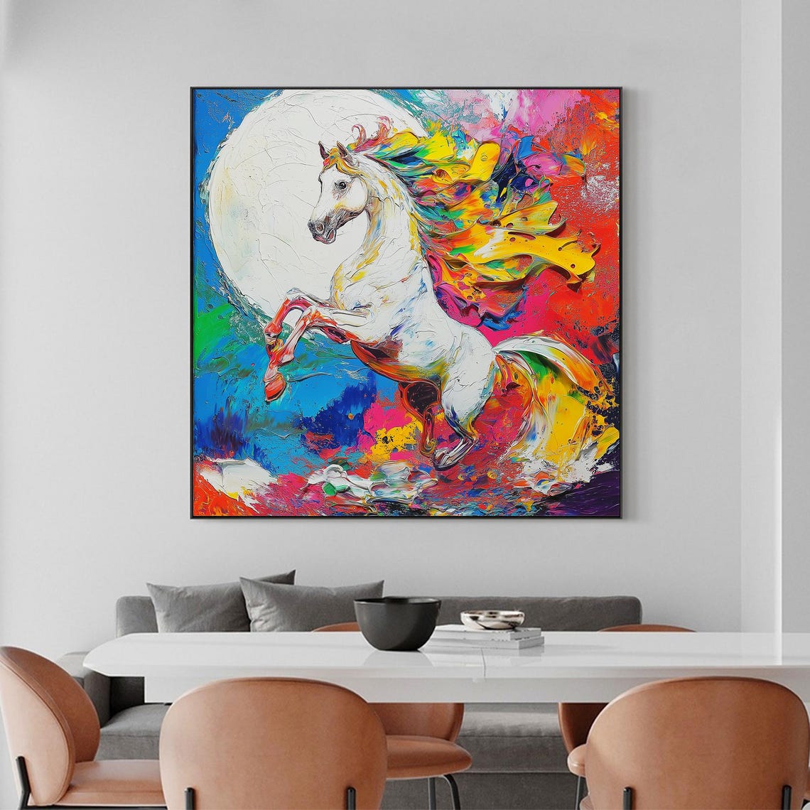 White Horse Rearing Rainbow Colors Impasto Abstract Animal Art Poster - Image 3