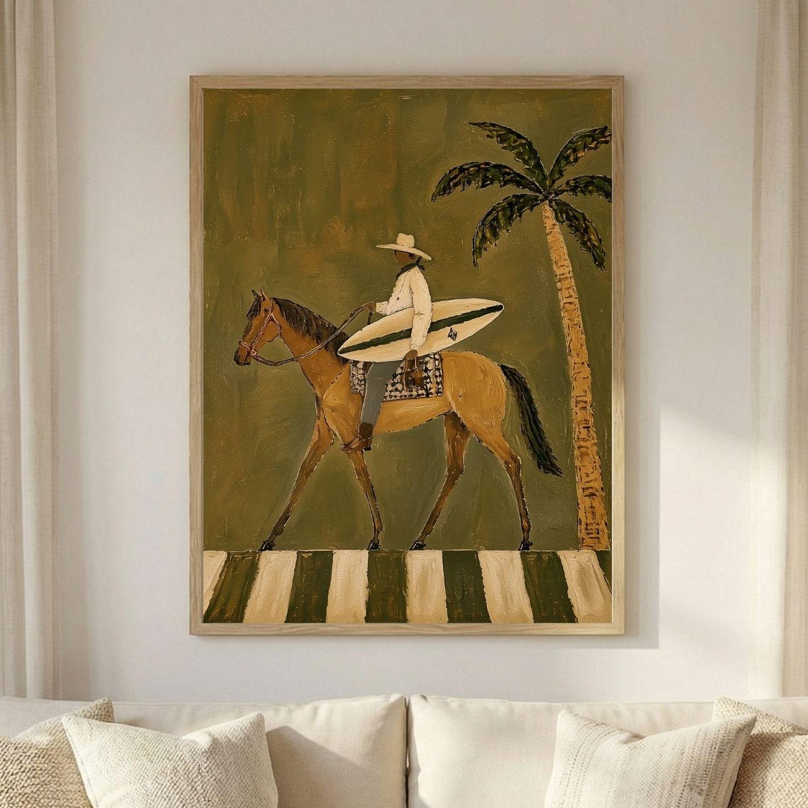 Coastal Cowboy Wall Art Surf Horse Beachy Western Modern Decor Olive Green Equestrian Print Lover Artwork