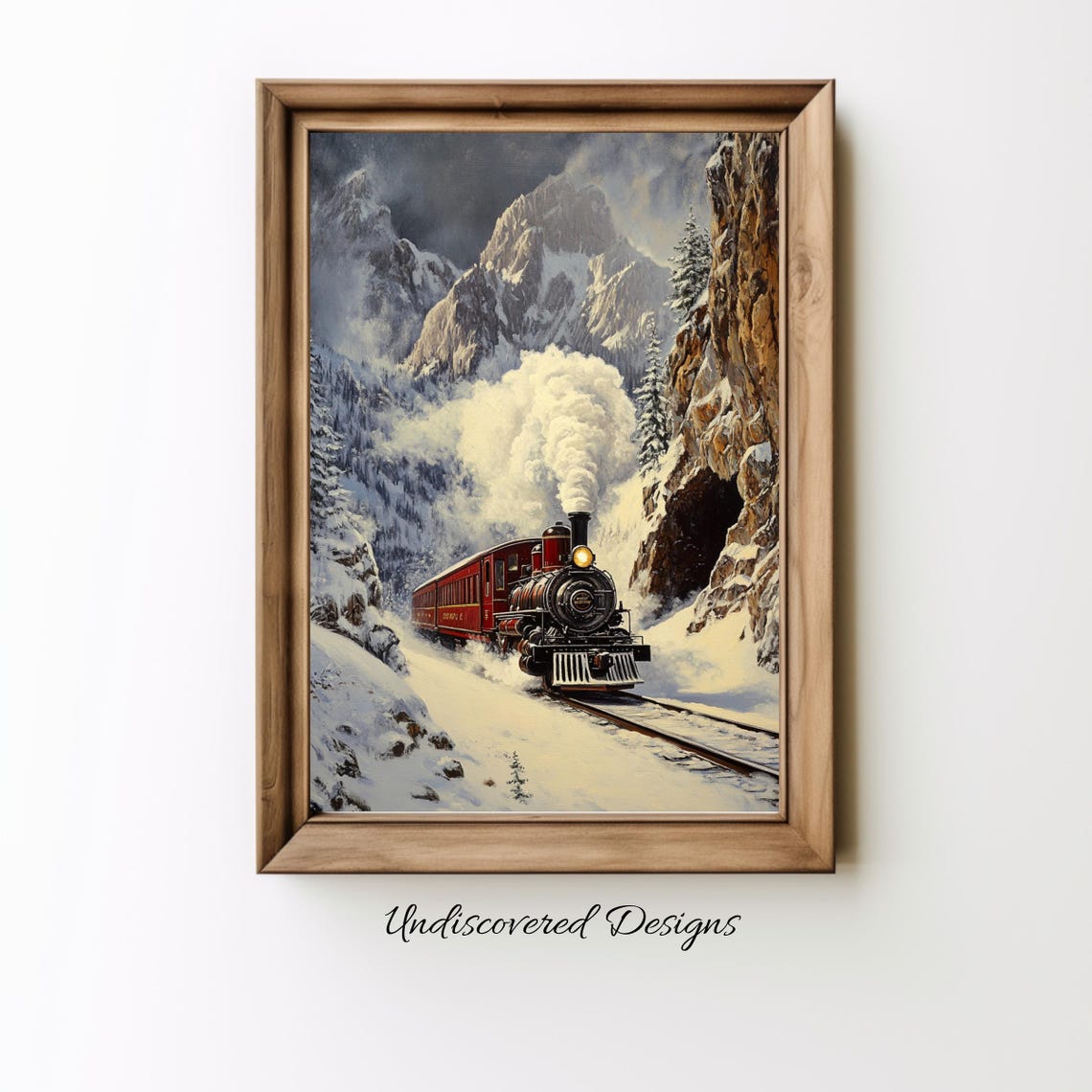 Red Steam Train In Snowy Mountain Pass Winter Landscape Poster