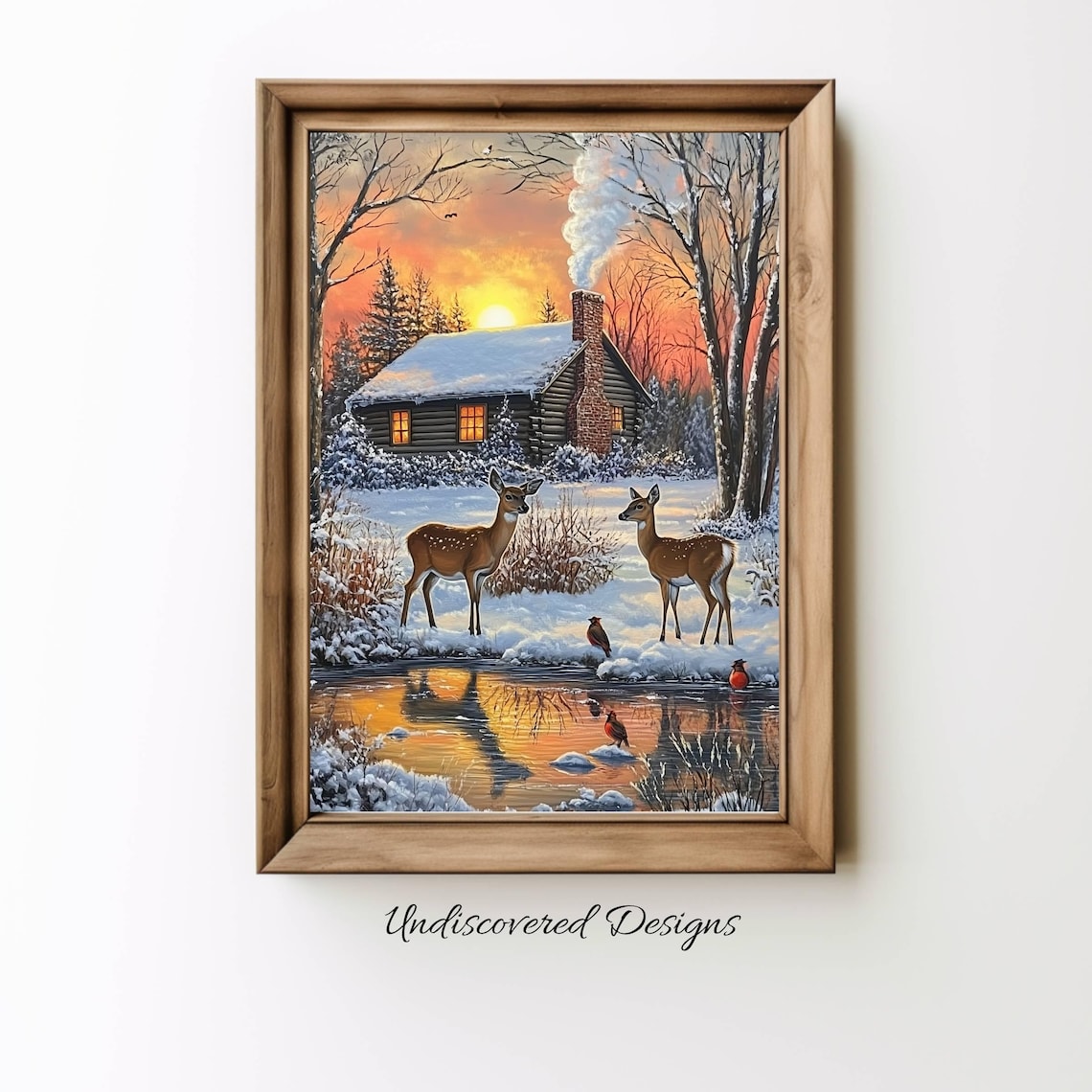 Deer Pair at Winter Sunset by Snowy Cabin Vintage Art Poster