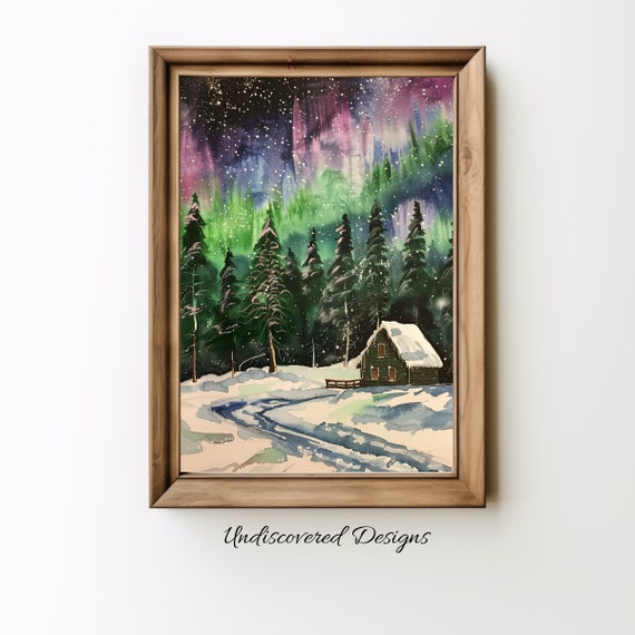 Snowy Forest Aurora Borealis Vintage Art Print