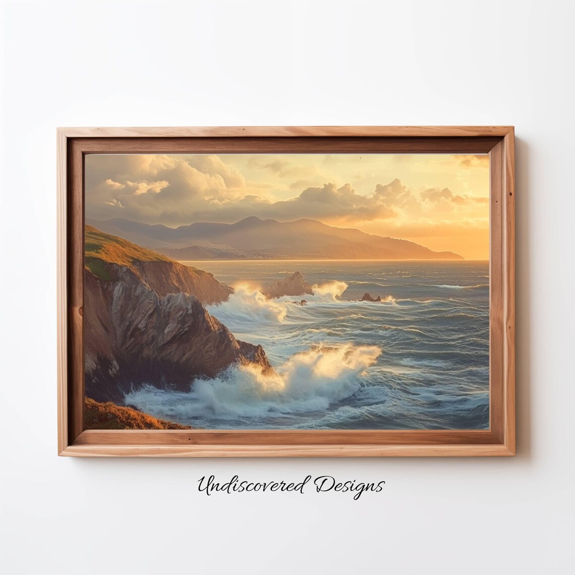 Golden Sunset Waves Crashing on Rocky Coastline Vintage Poster