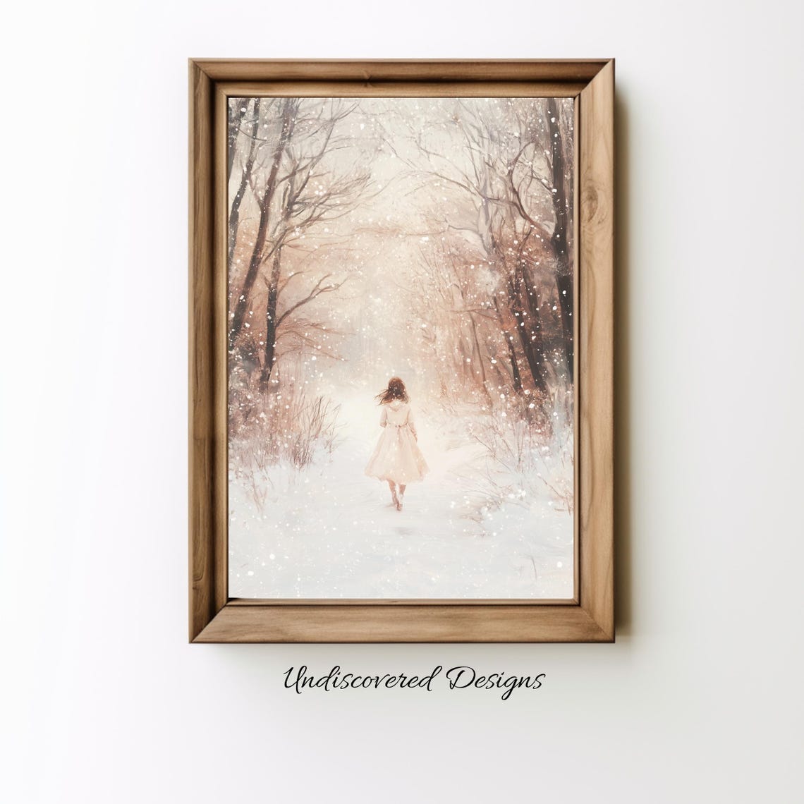 Child in White Dress Walking Through Snowy Winter Forest Poster