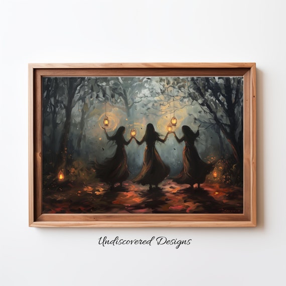 Witches In The Woods Spooky Halloween Art Decor Wall Vintage Prints Oil Painting