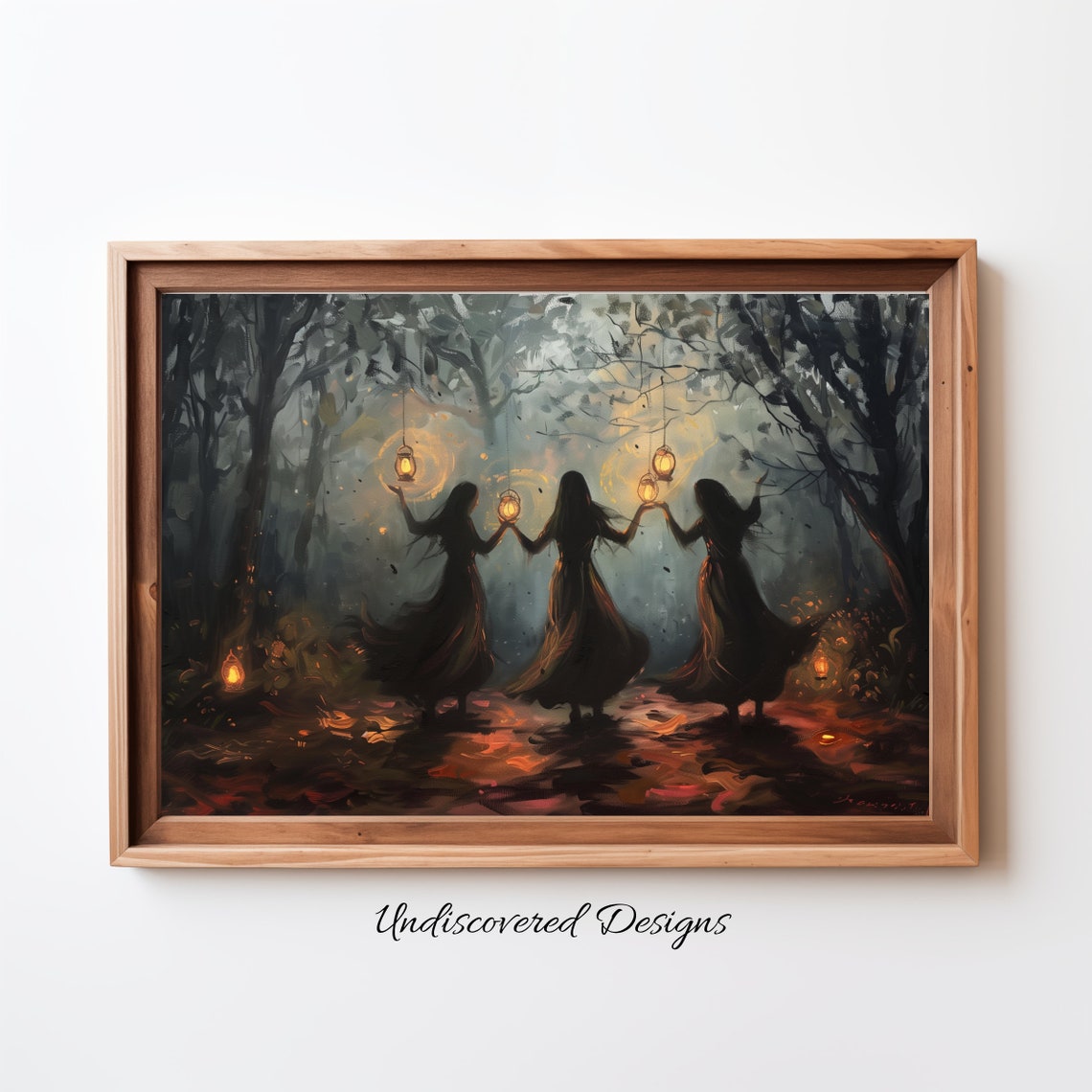 Three Witches Dancing With Lanterns In A Moonlit Forest Art Poster