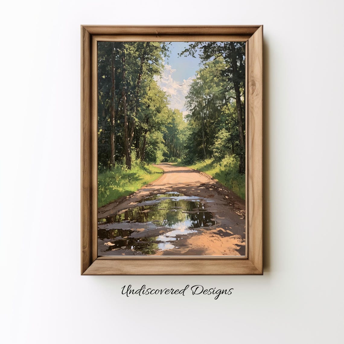 Vintage Forest Road With Puddle Reflection Oil Painting Poster
