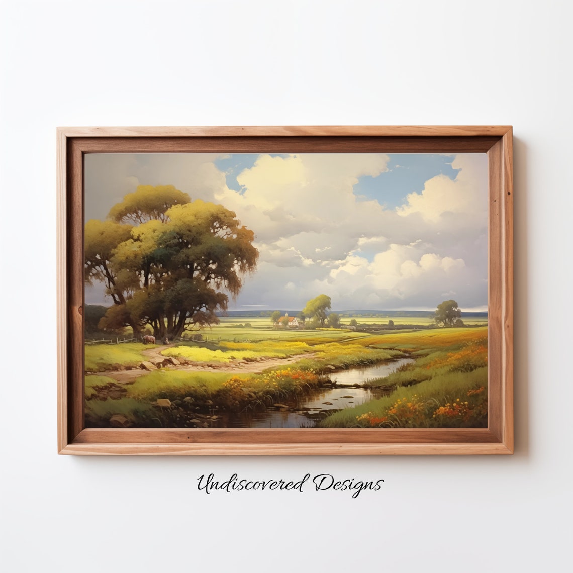 Rustic Countryside Meadow With Stream Vintage Landscape Poster