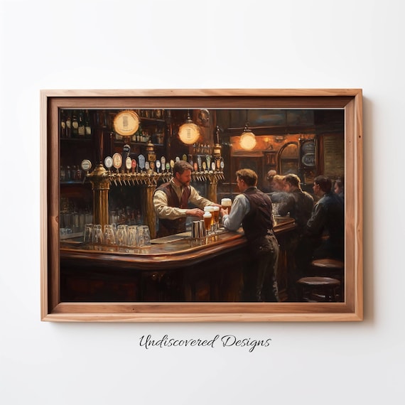 Historic Irish Pub Bar Oil Painting Artwork Bartender Serving Beer Poster