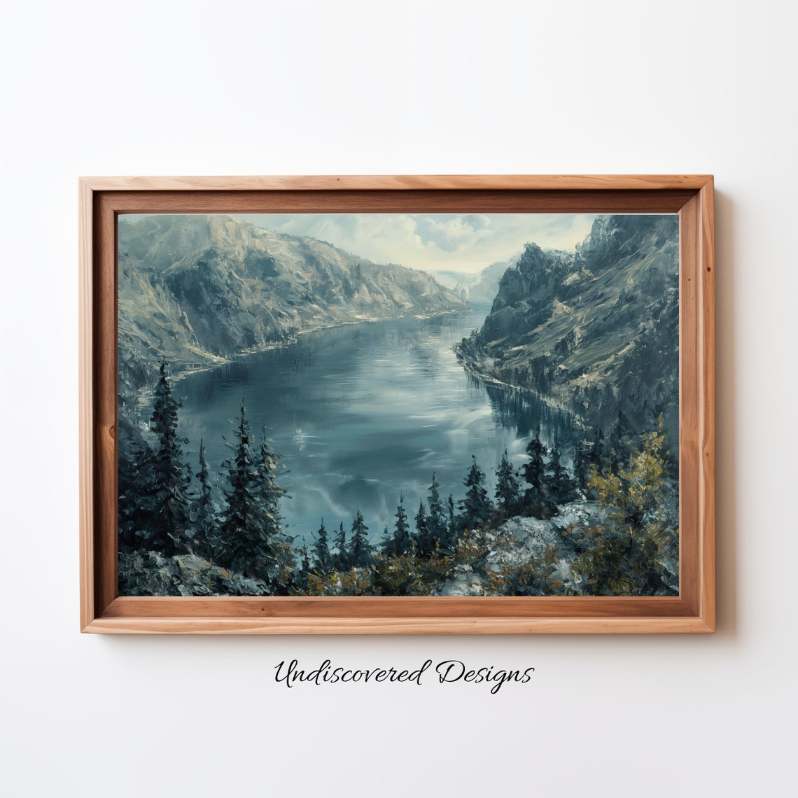 Vintage Mountain Lake Painting Rustic Landscape Art
