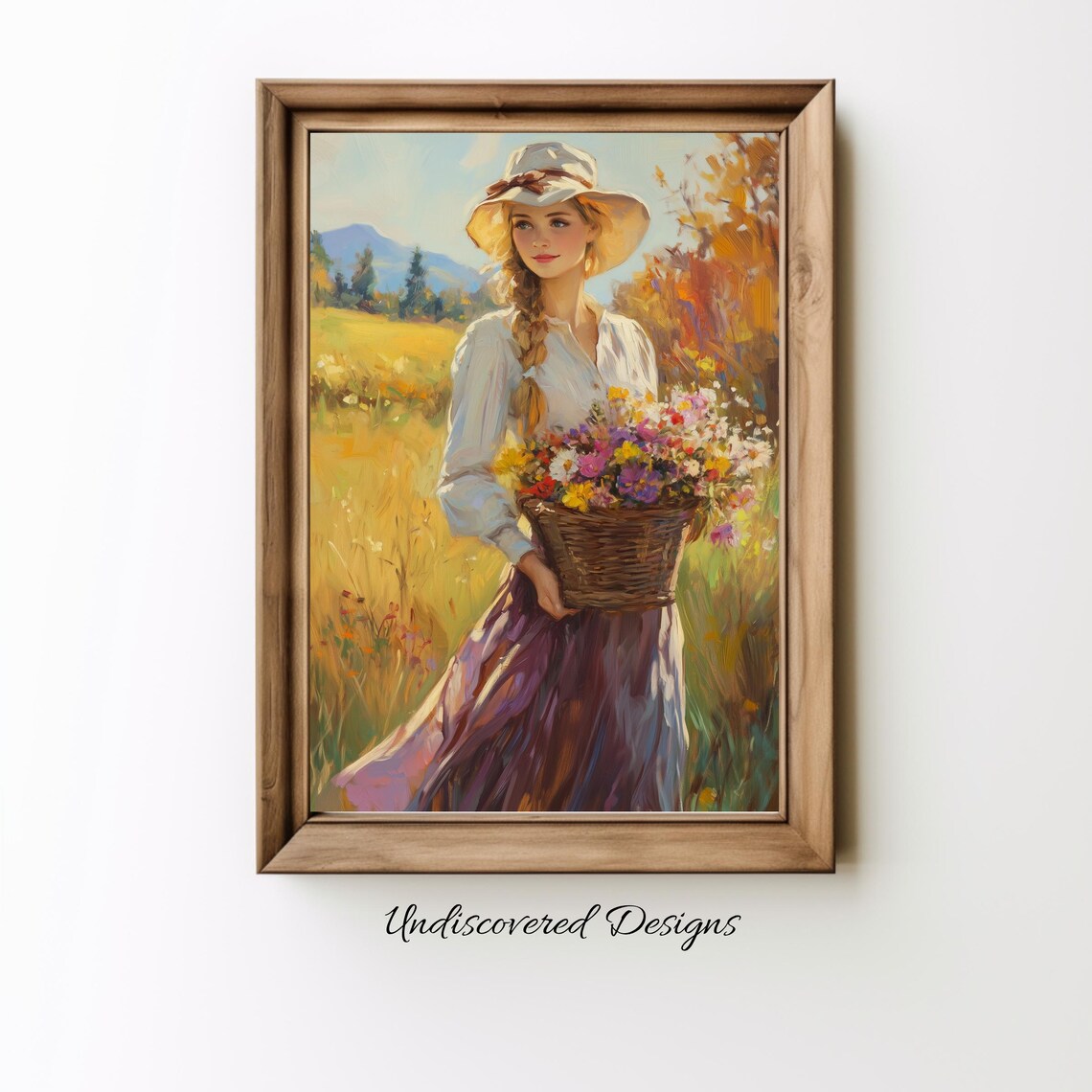 Woman Gathering Wildflowers in Meadow Vintage Oil Painting Print