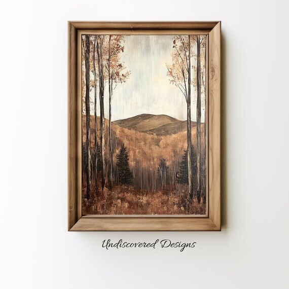 Fall Mountain Forest Oil Painting Tall Trees Misty Hills Poster