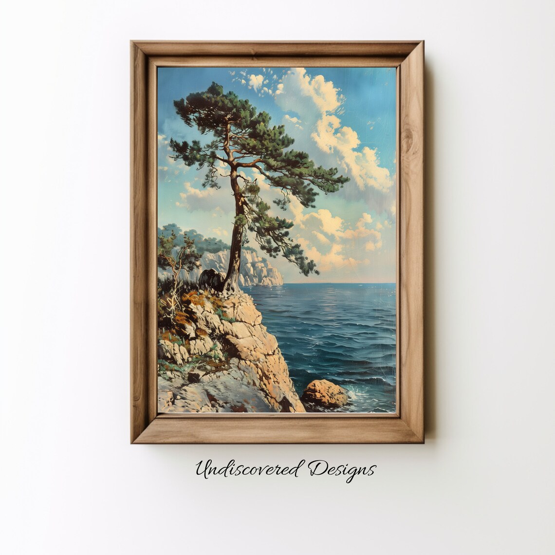 Vintage Pine Tree On Rocky Coastal Cliff Seascape Oil Painting Poster