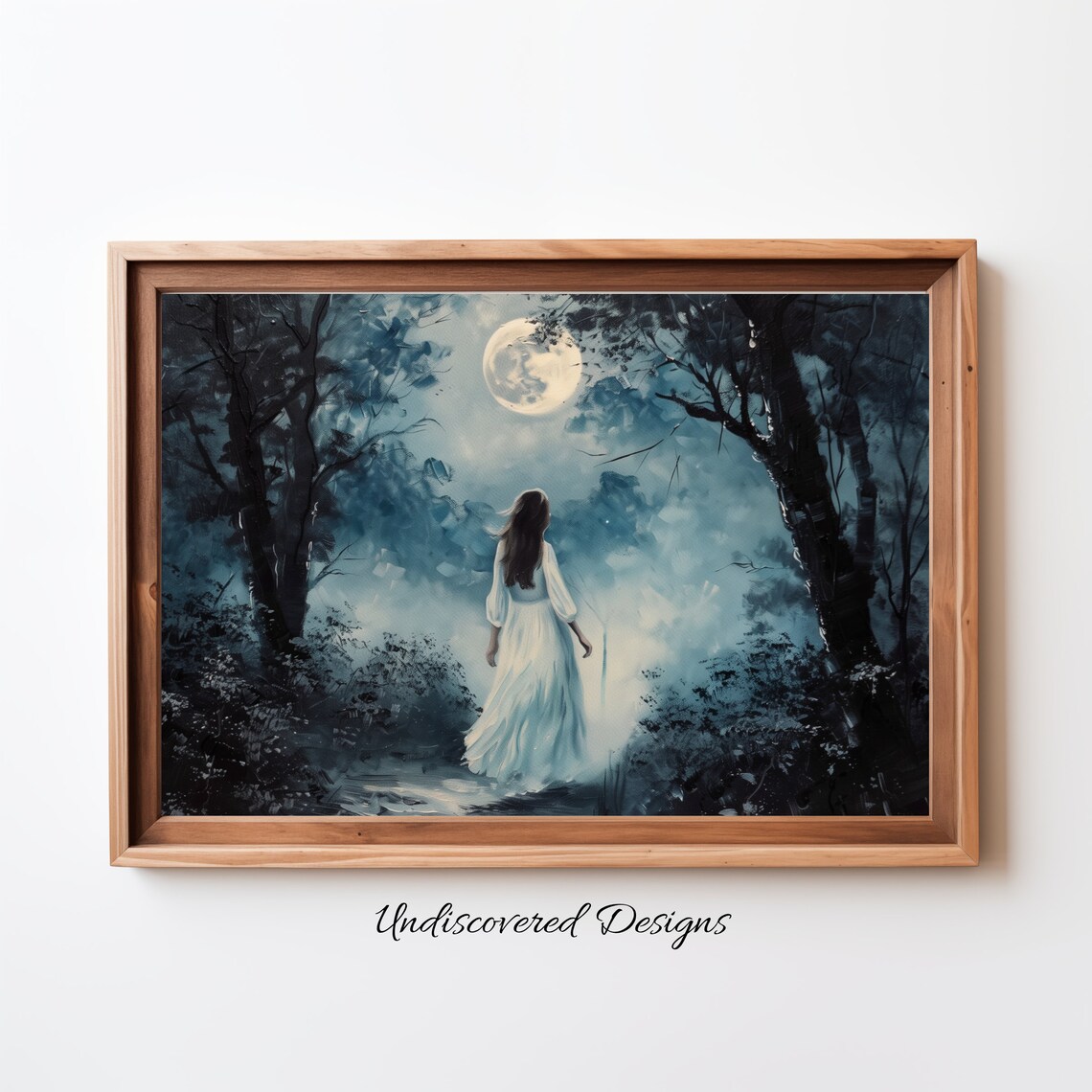 Woman In White Moonlit Misty Forest Spooky Night Oil Painting Poster