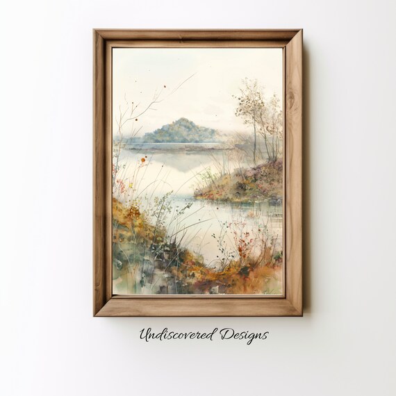 Misty Autumn Reeds by the Water Antique Coastal Landscape Wall Art