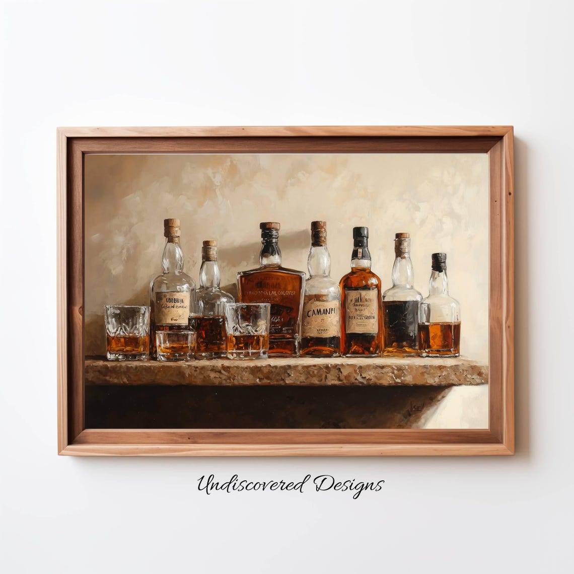 Vintage Whiskey Bottles Bar Shelf Still Life Oil Painting Poster