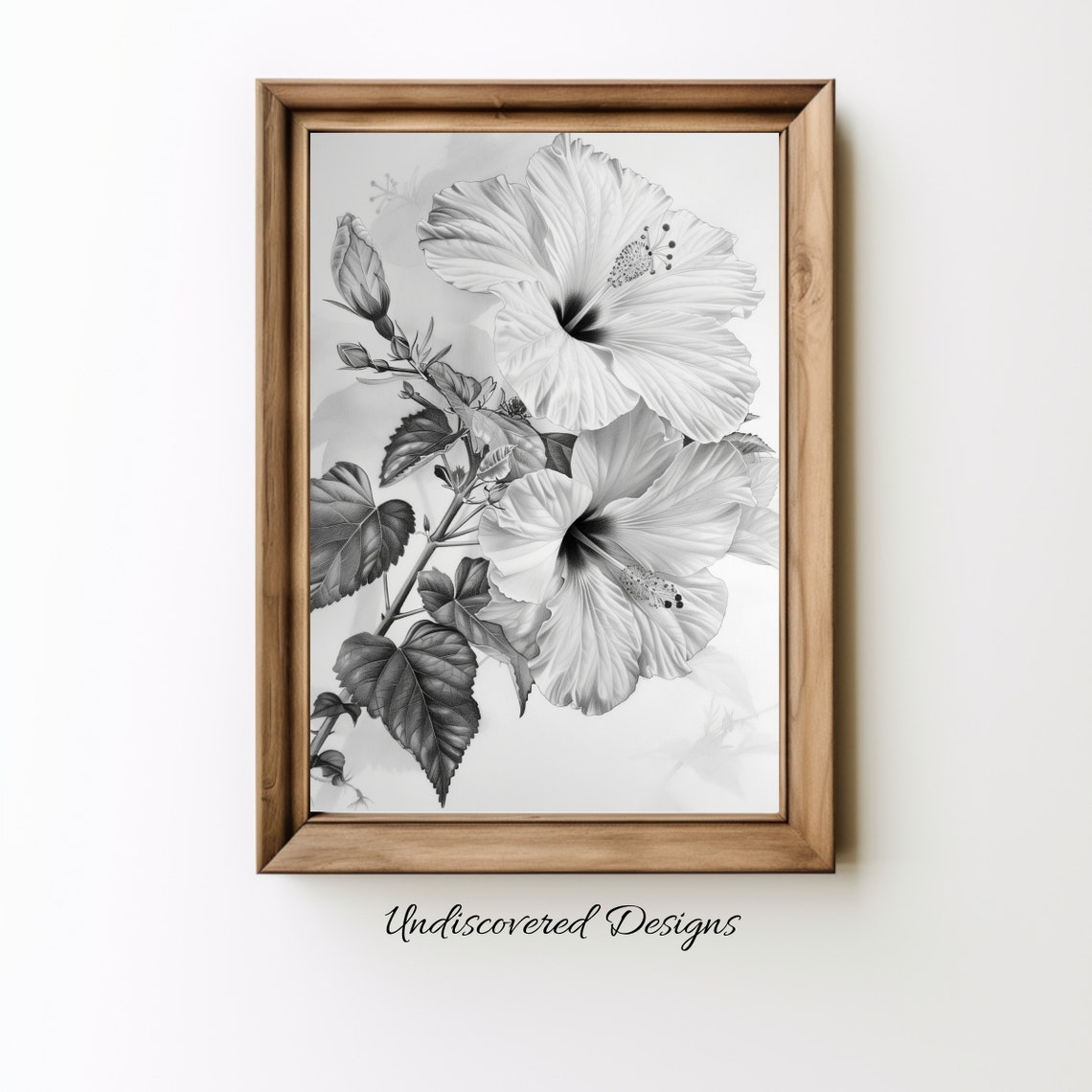 Dramatic Monochrome Hibiscus Botanical Pencil Sketch Floral Wall Art