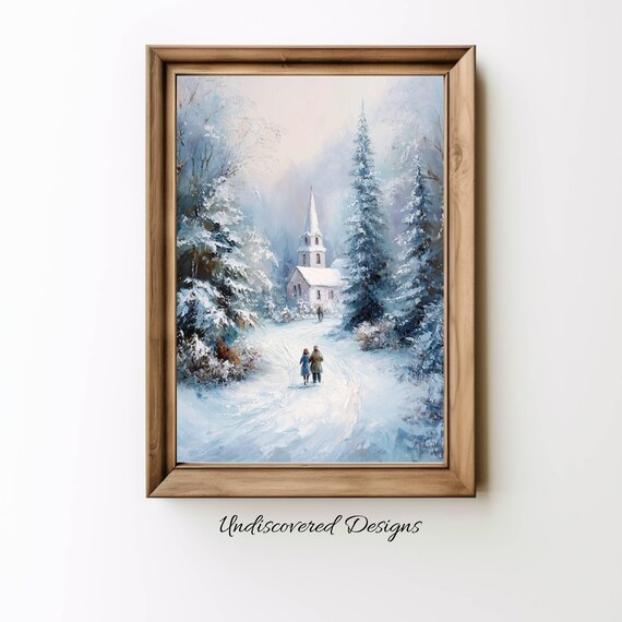 Snowy Village Church Winter Scene Vintage Christmas Art Poster