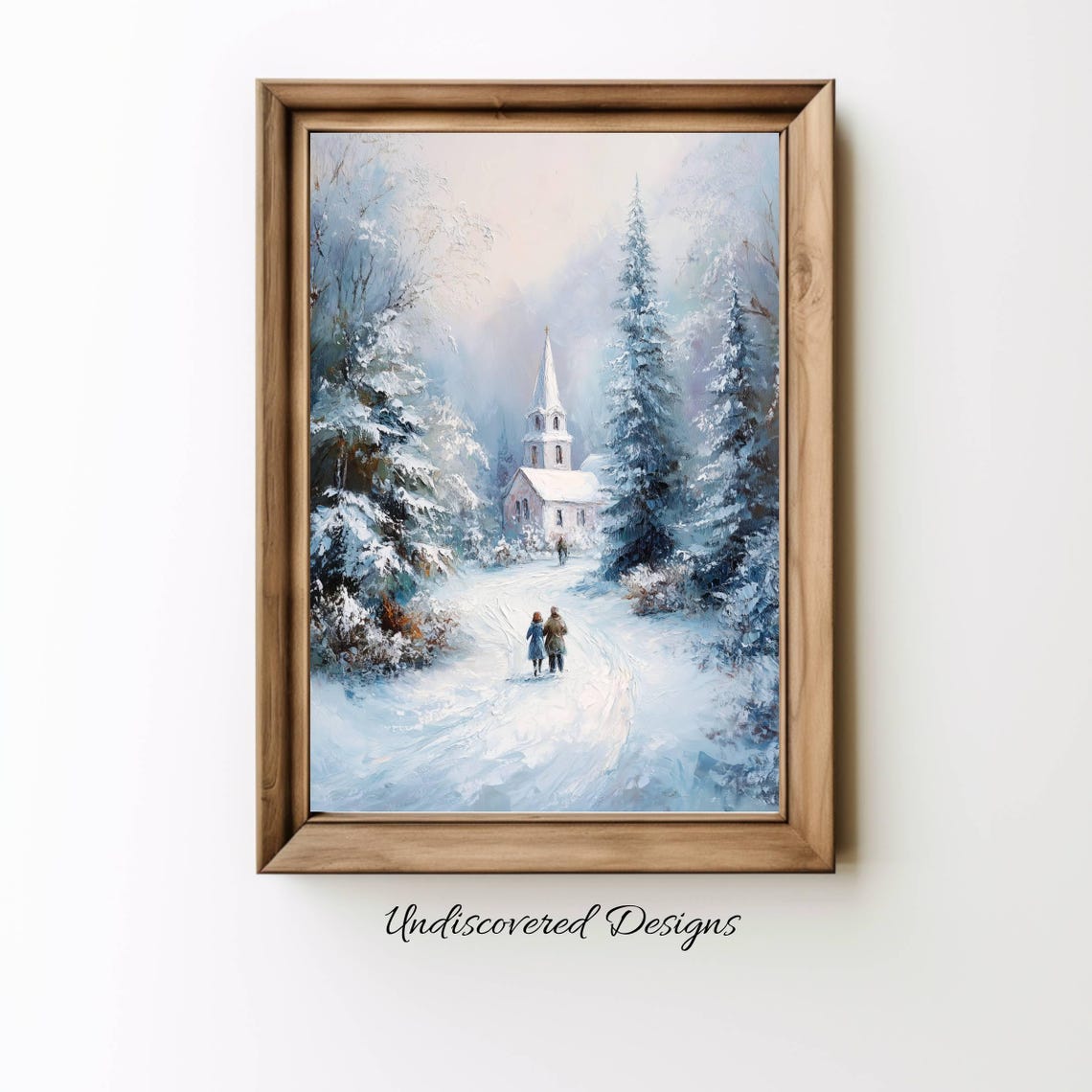 Snowy Village Church Winter Scene Vintage Christmas Art Poster