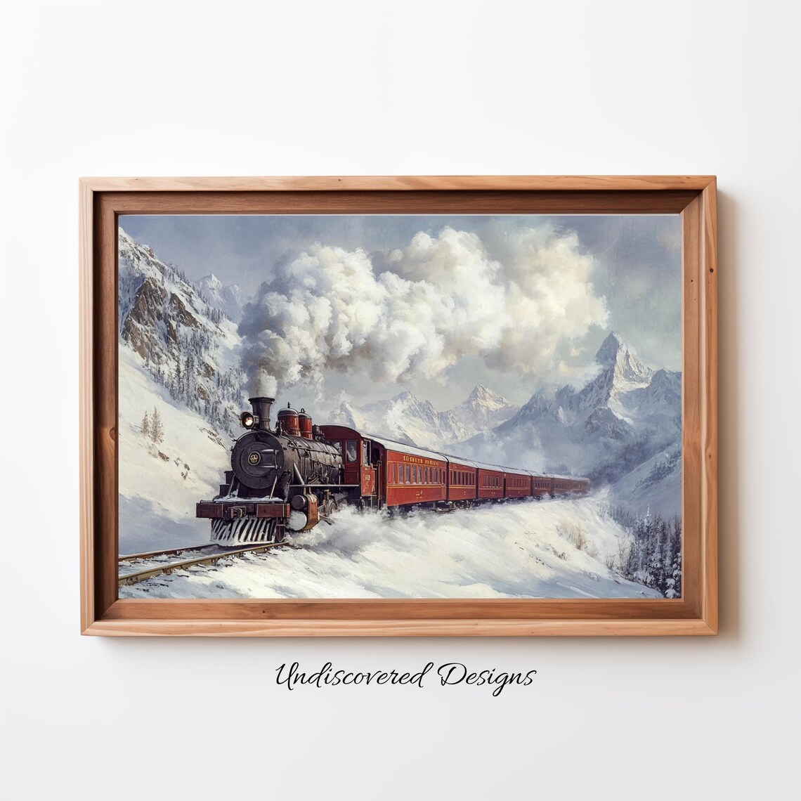 Steam Train Snowy Mountains Vintage Winter Railway Painting Poster