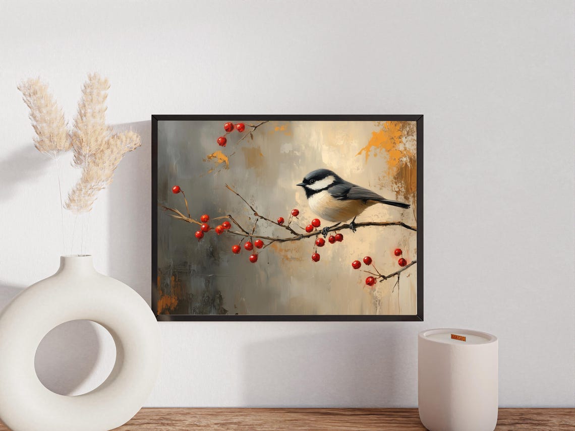 Winter Chickadee On Red Berry Branch Vintage Bird Portrait Print