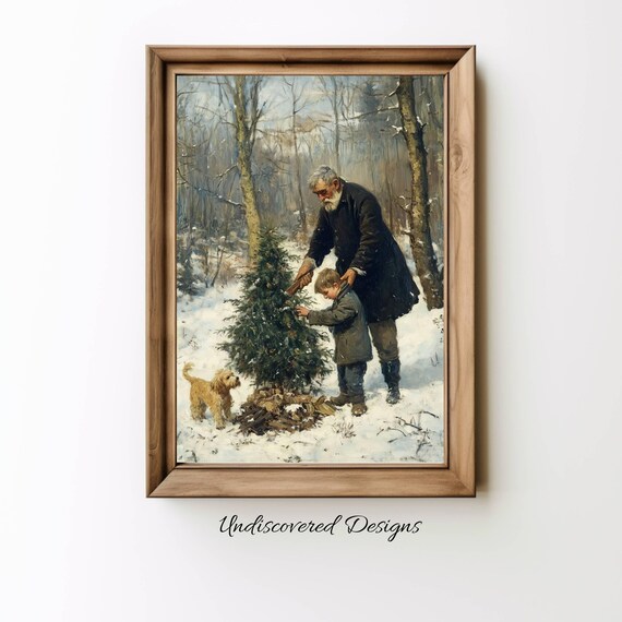 Grandfather Boy And Dog Cutting Christmas Tree Vintage Painting Poster