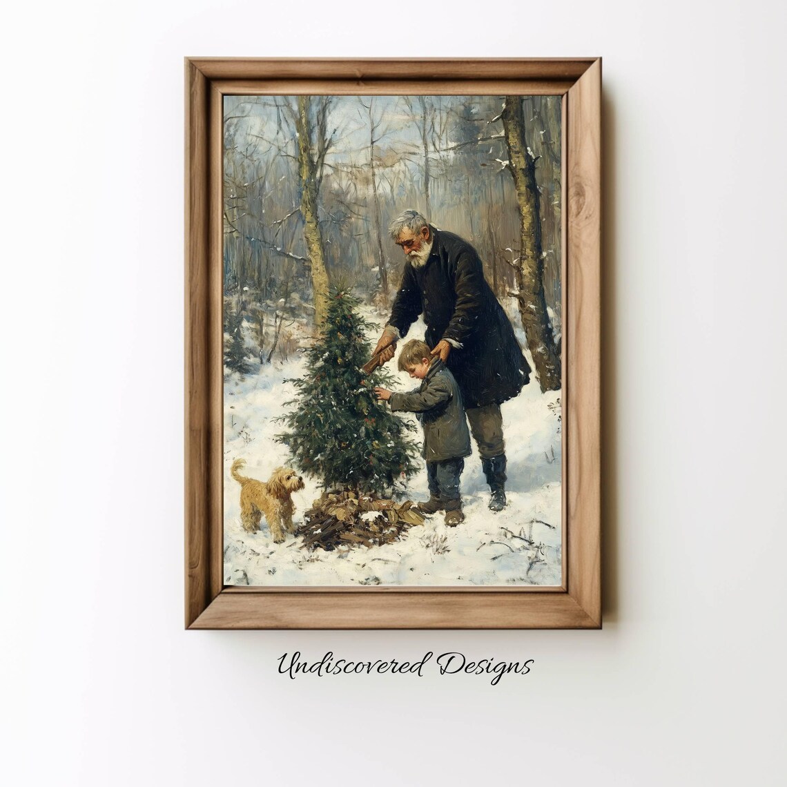 Grandfather Boy And Dog Cutting Christmas Tree Vintage Painting Poster